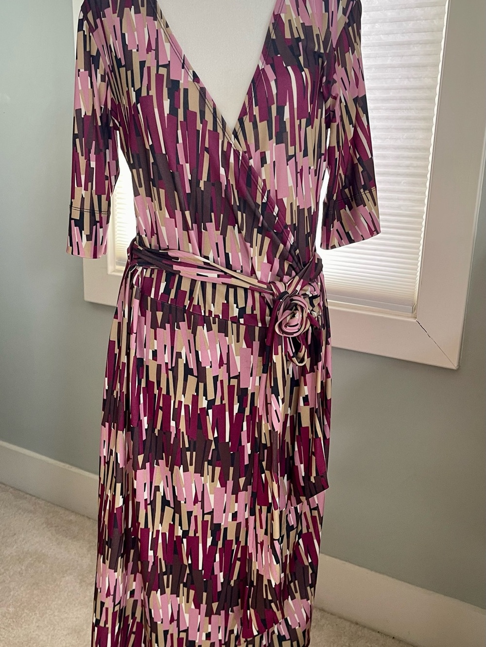 Long Sleeve Wrap Dress in Pink & Burgundy Abstract Print